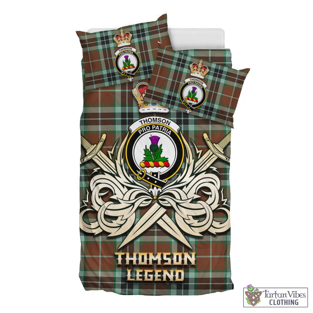 Tartan Vibes Clothing Thomson Hunting Modern Tartan Bedding Set with Clan Crest and the Golden Sword of Courageous Legacy