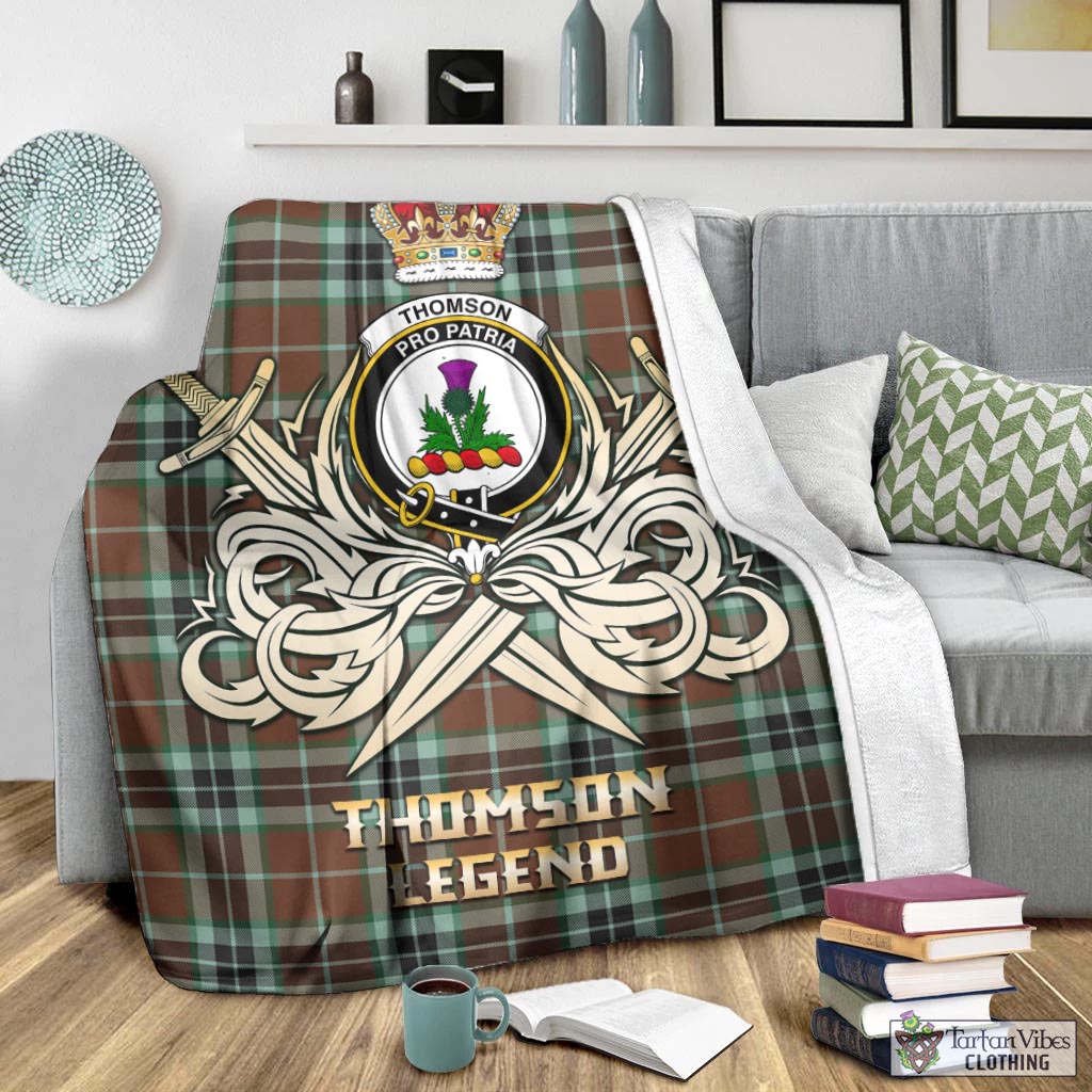 Tartan Vibes Clothing Thomson Hunting Modern Tartan Blanket with Clan Crest and the Golden Sword of Courageous Legacy