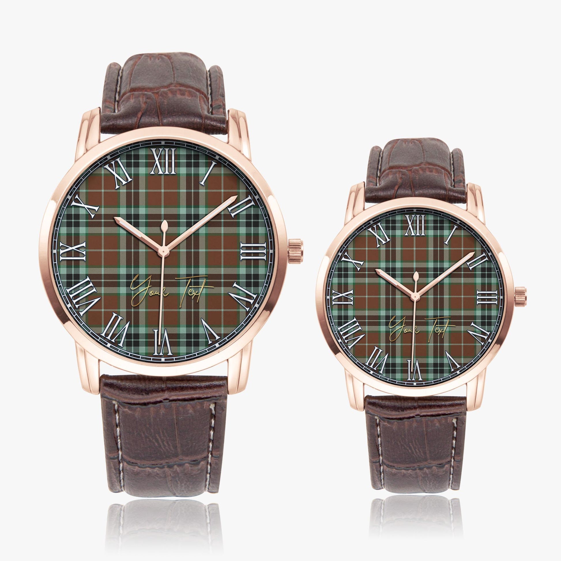 Thomson Hunting Modern Tartan Personalized Your Text Leather Trap Quartz Watch Wide Type Rose Gold Case With Brown Leather Strap - Tartanvibesclothing Shop