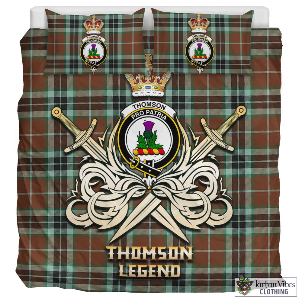Tartan Vibes Clothing Thomson Hunting Modern Tartan Bedding Set with Clan Crest and the Golden Sword of Courageous Legacy
