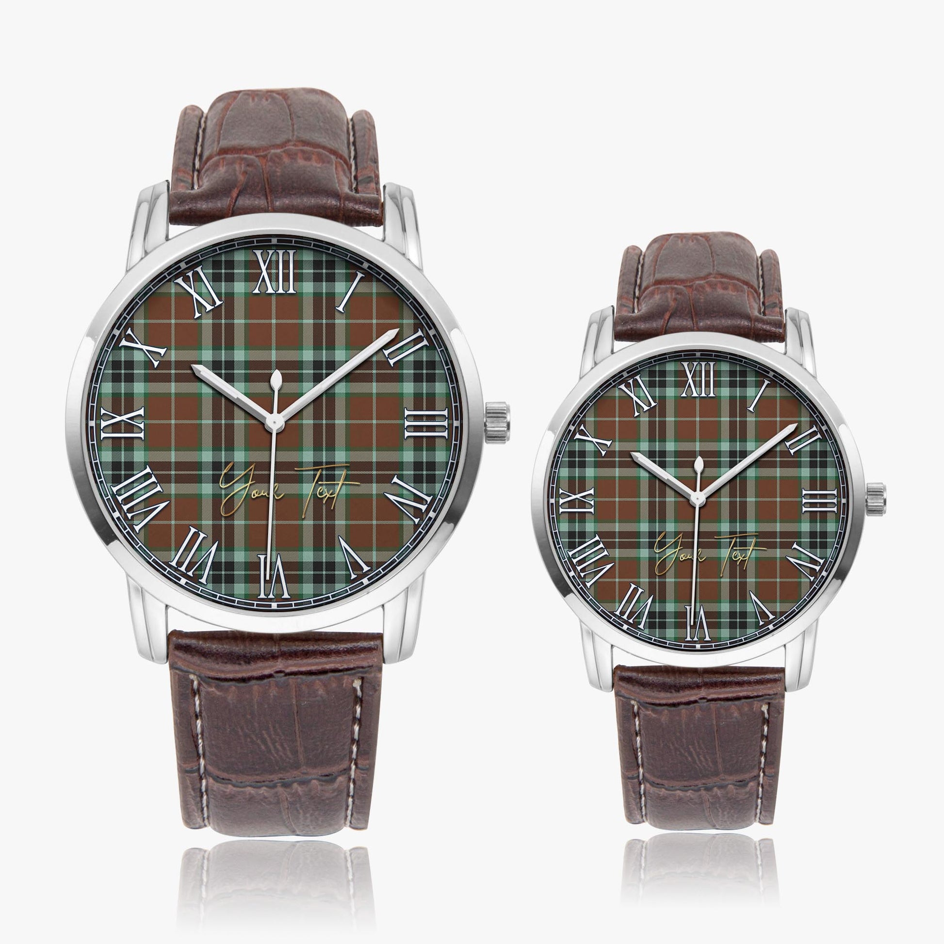 Thomson Hunting Modern Tartan Personalized Your Text Leather Trap Quartz Watch Wide Type Silver Case With Brown Leather Strap - Tartanvibesclothing Shop