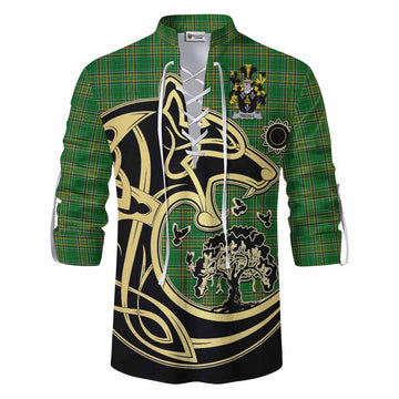Tartan Vibes Clothing Tisdall Irish Tartan Ghillie Kilt Shirt with Coat of Arms Celtic Wolf Style