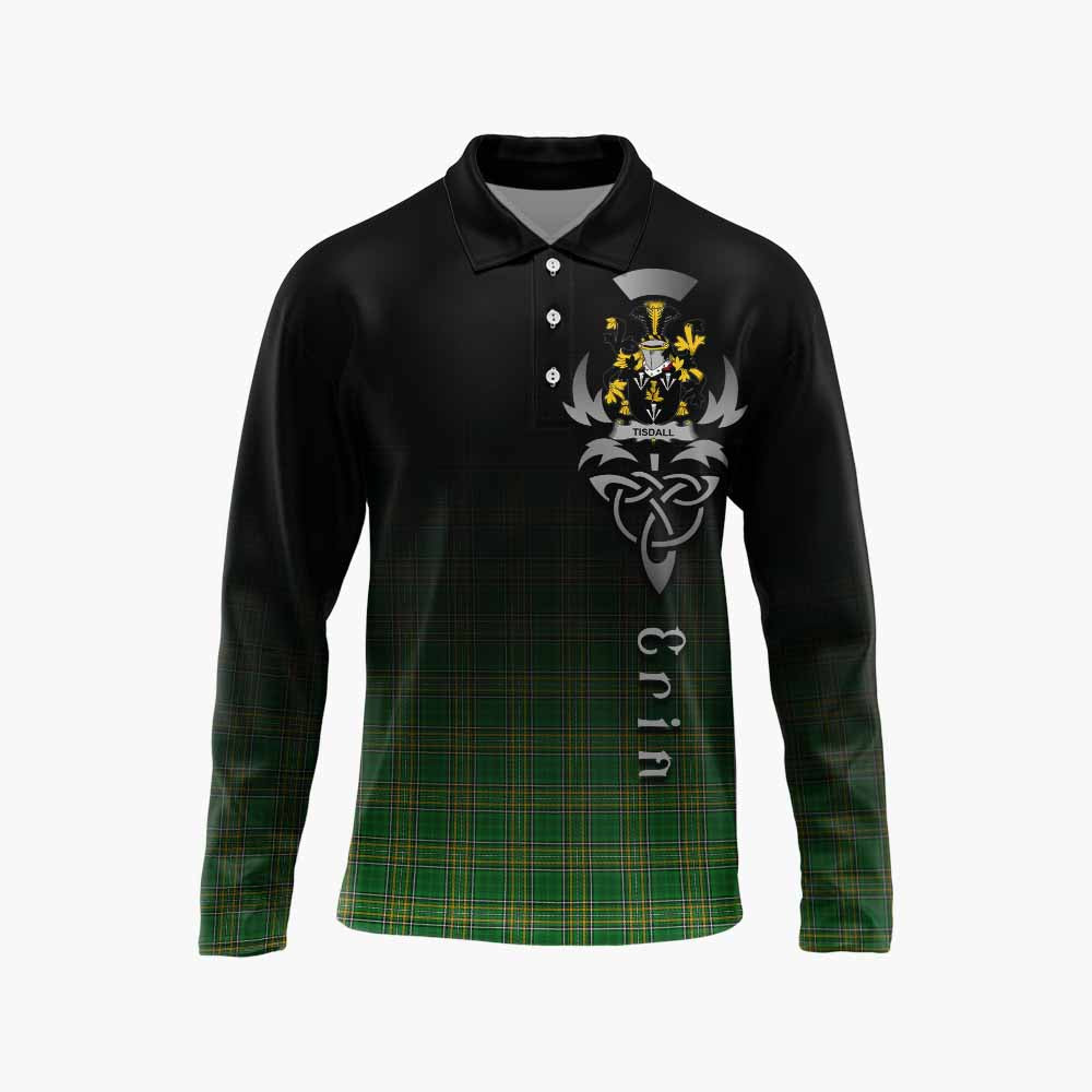 Tartan Vibes Clothing Tisdall Irish Clan Long Sleeve Polo Shirt with Coat of Arms Erin Go Bragh Celtic Inspired