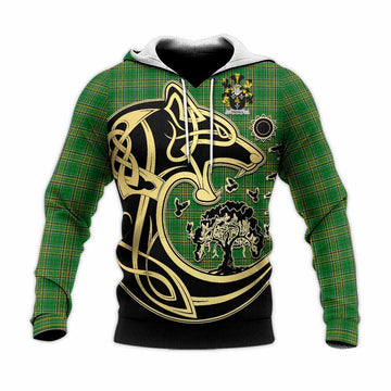 Tartan Vibes Clothing Tisdall Irish Tartan Knitted Hoodie with Coat of Arms Celtic Wolf Style