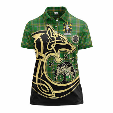 Tisdall Irish Tartan Women's Polo Shirt with Coat of Arms Celtic Wolf Style