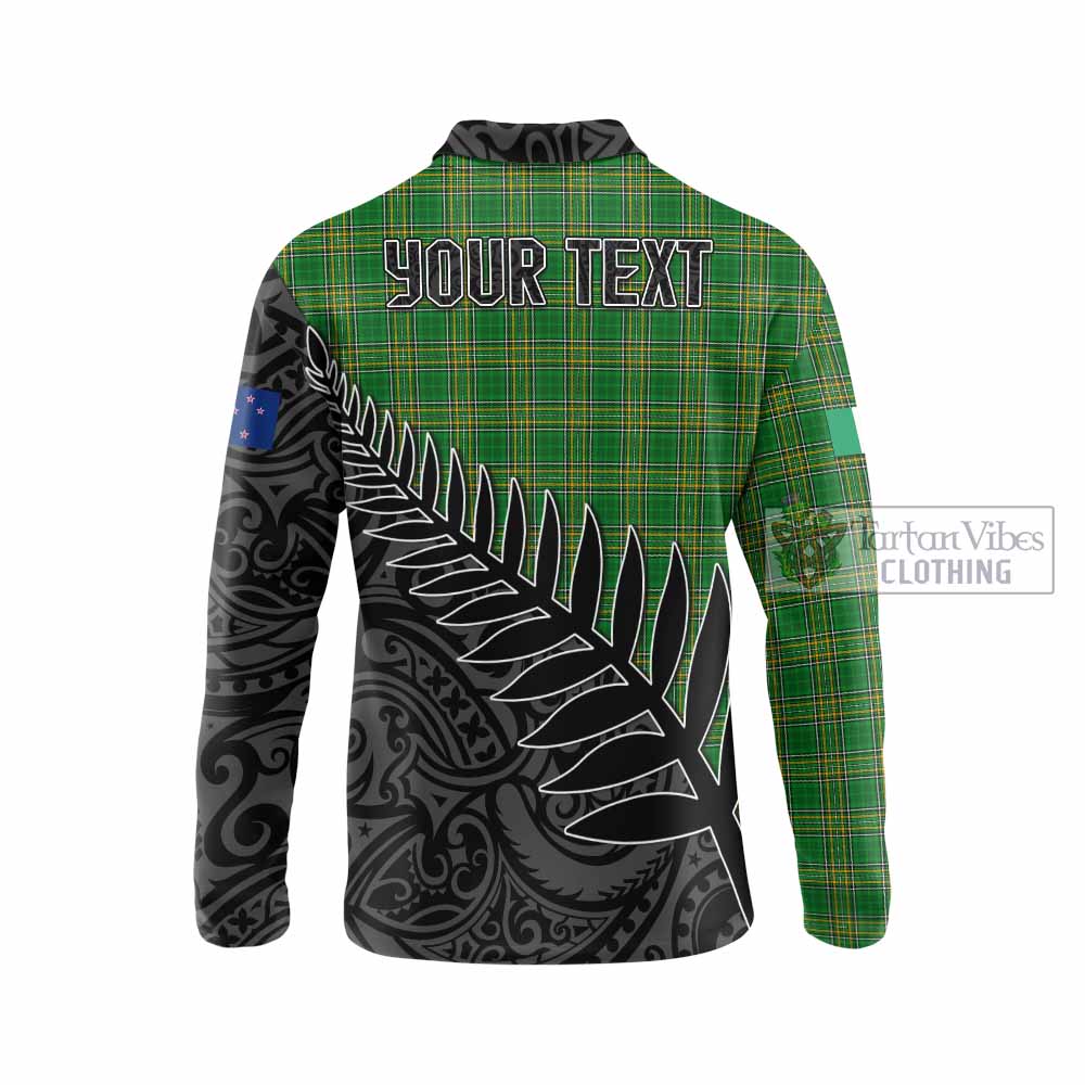 Tartan Vibes Clothing Tisdall Irish Clan Tartan Long Sleeve Polo Shirt with Coat of Arms New Zealand Silver Fern Half Style
