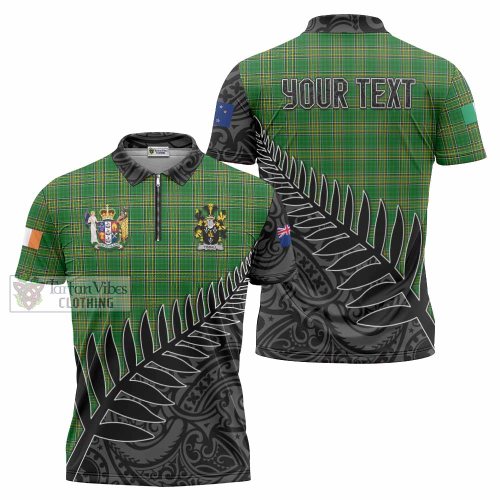 Tartan Vibes Clothing Tisdall Irish Clan Tartan Zipper Polo Shirt with Coat of Arms New Zealand Silver Fern Half Style