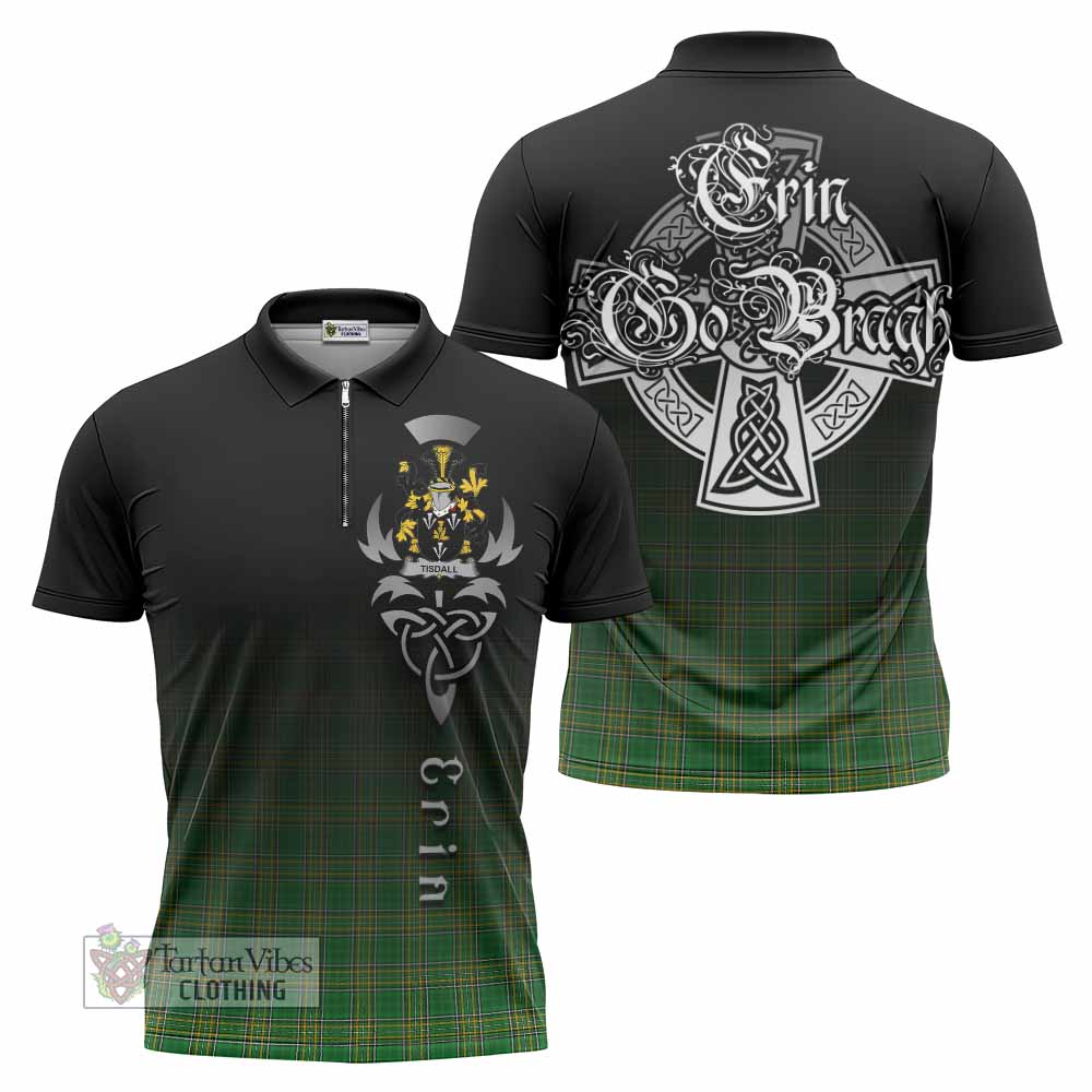 Tartan Vibes Clothing Tisdall Irish Clan Zipper Polo Shirt with Coat of Arms Erin Go Bragh Celtic Inspired