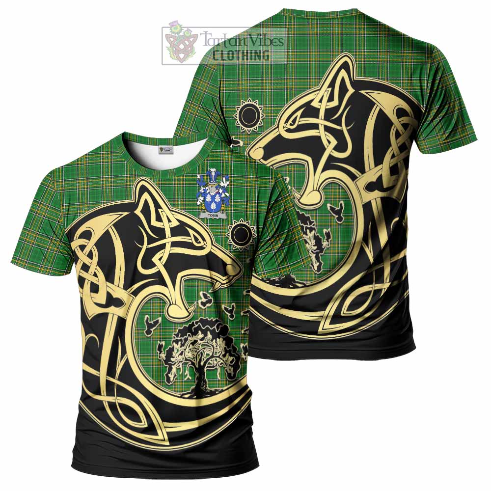 Tartan Vibes Clothing Tobin Irish Tartan T-Shirt with Coat of Arms Celtic Wolf Style