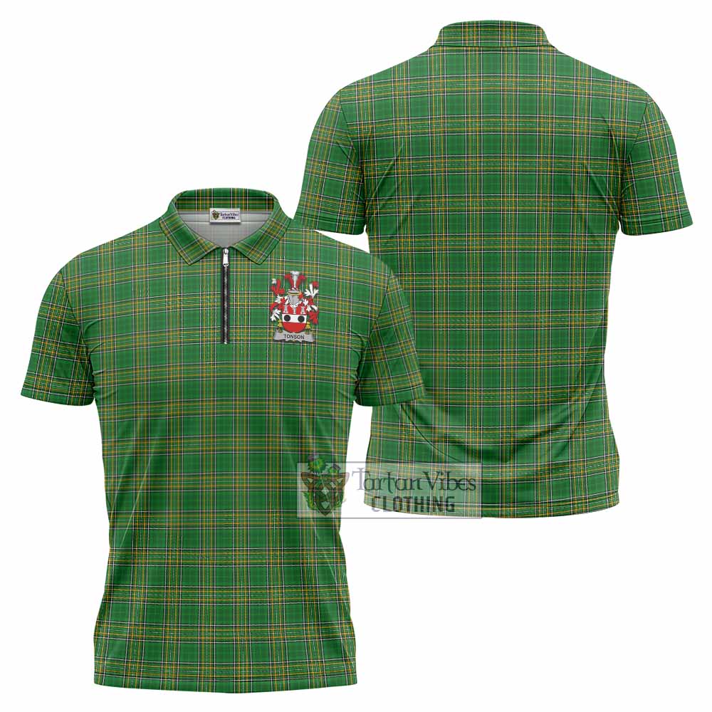 Tonson Irish Clan Tartan Zipper Polo Shirt with Coat of Arms
