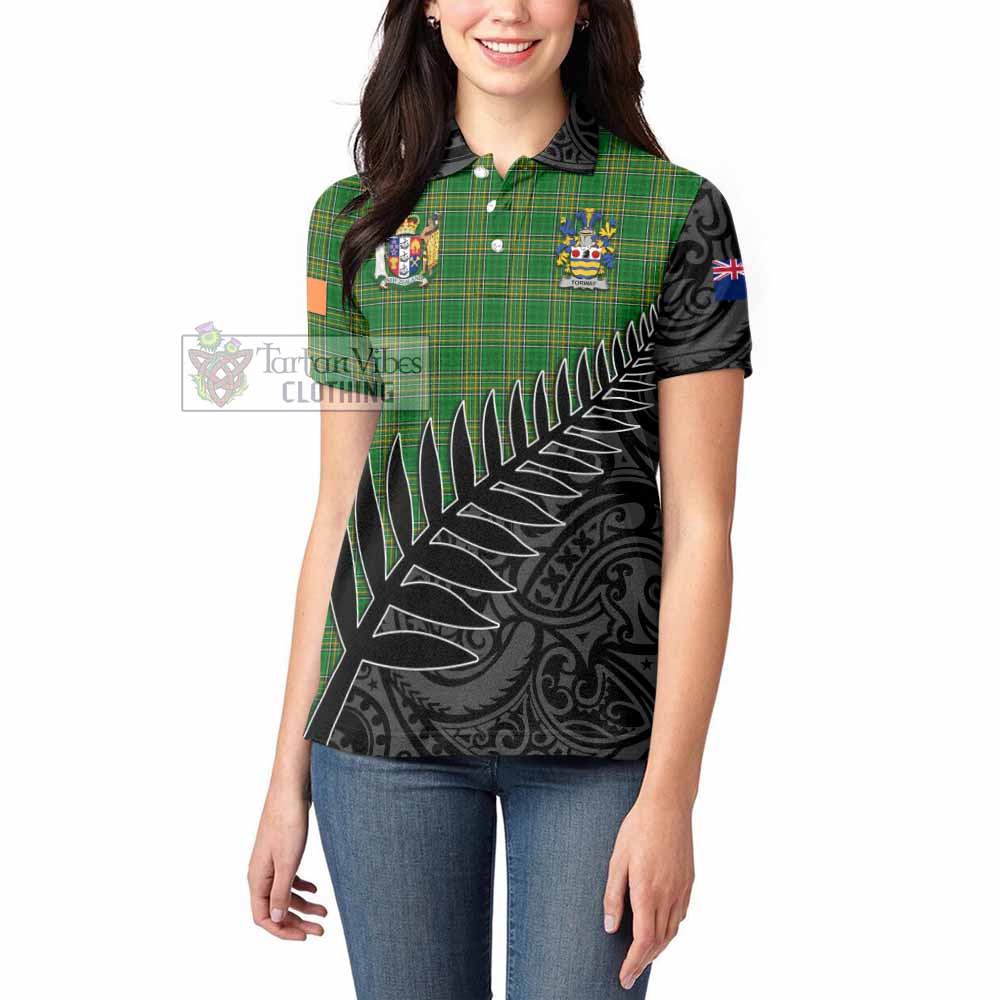 Tartan Vibes Clothing Torway Irish Clan Tartan Women's Polo Shirt with Coat of Arms New Zealand Silver Fern Half Style