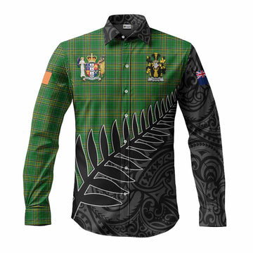 Tartan Vibes Clothing Towers Irish Clan Tartan Long Sleeve Button Shirt with Coat of Arms New Zealand Silver Fern Half Style