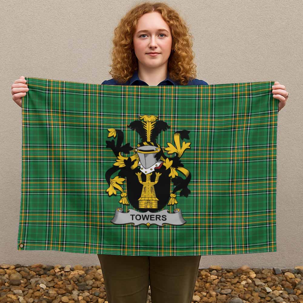 Tartan Vibes Clothing Towers Irish Clan Tartan House Flag with Coat of Arms