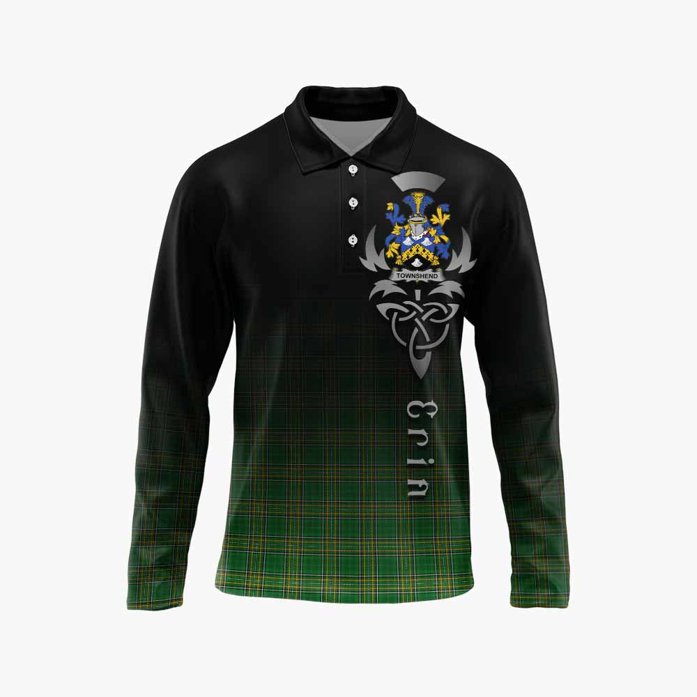 Tartan Vibes Clothing Townshend Irish Clan Long Sleeve Polo Shirt with Coat of Arms Erin Go Bragh Celtic Inspired