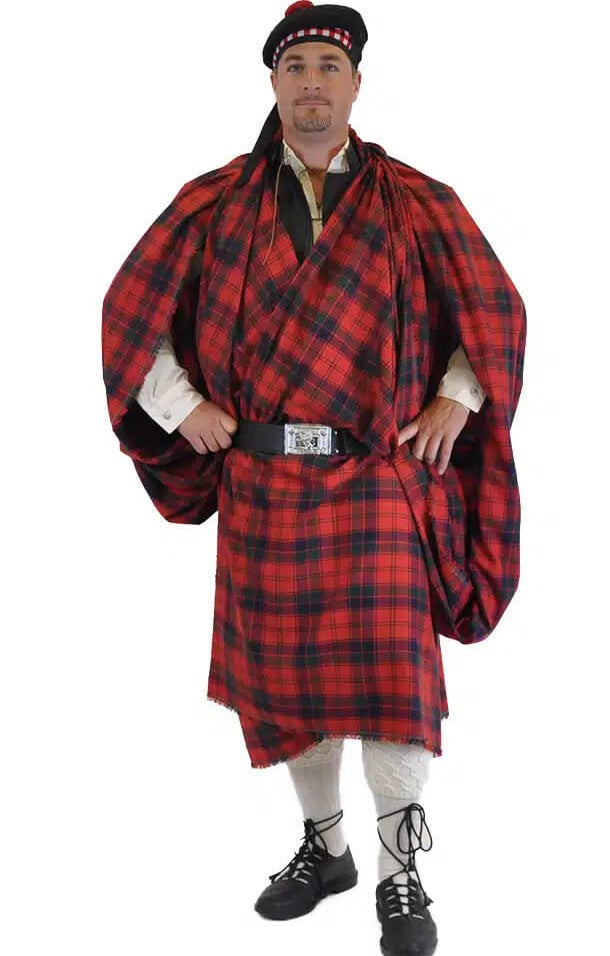 A man wearing a traditional Scottish Great Kilt in red tartan, showcasing the historic full-length Highland garment