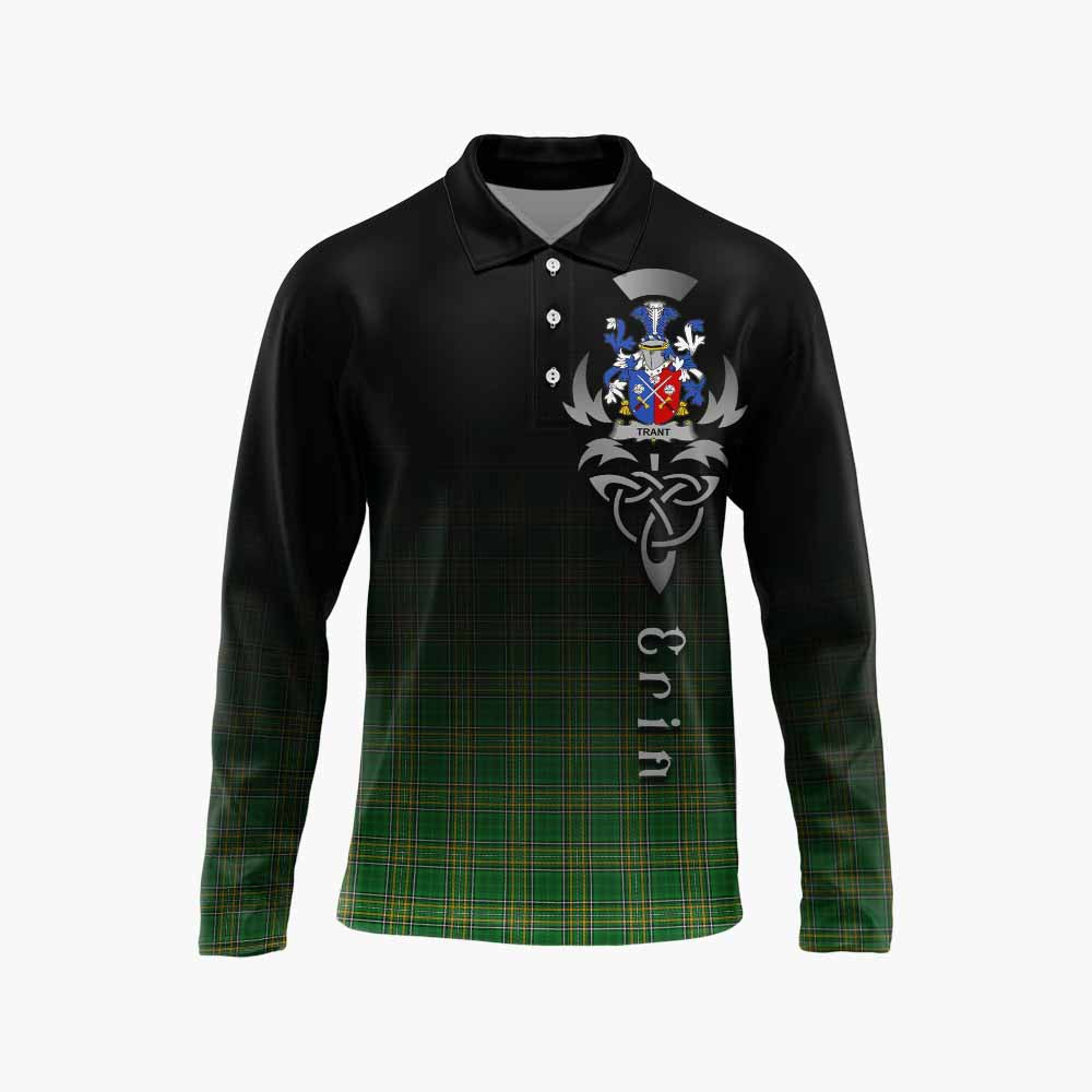 Tartan Vibes Clothing Trant Irish Clan Long Sleeve Polo Shirt with Coat of Arms Erin Go Bragh Celtic Inspired