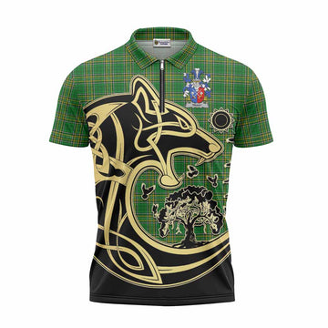 Tartan Vibes Clothing Trant Irish Tartan Zipper Polo Shirt with Coat of Arms Celtic Wolf Style