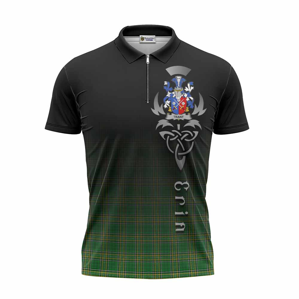 Tartan Vibes Clothing Trant Irish Clan Zipper Polo Shirt with Coat of Arms Erin Go Bragh Celtic Inspired
