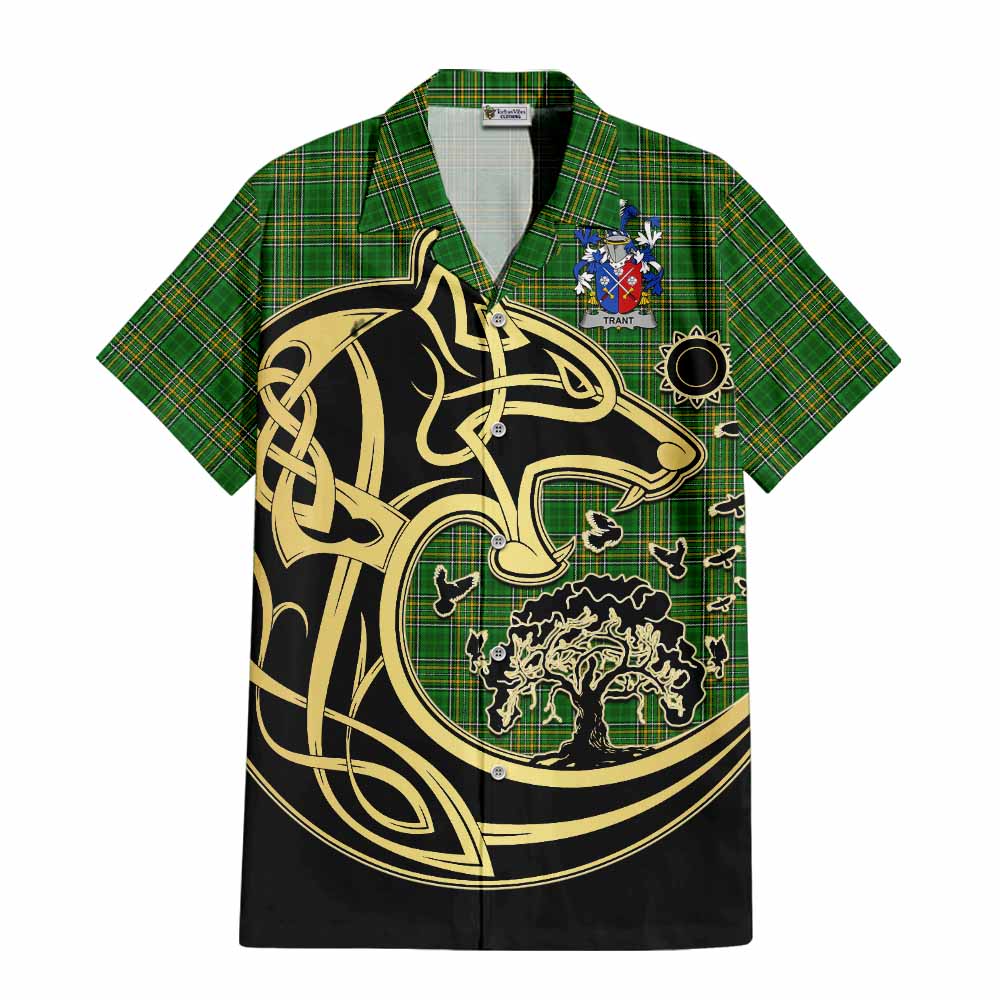 Tartan Vibes Clothing Trant Irish Tartan Short Sleeve Button Shirt with Coat of Arms Celtic Wolf Style