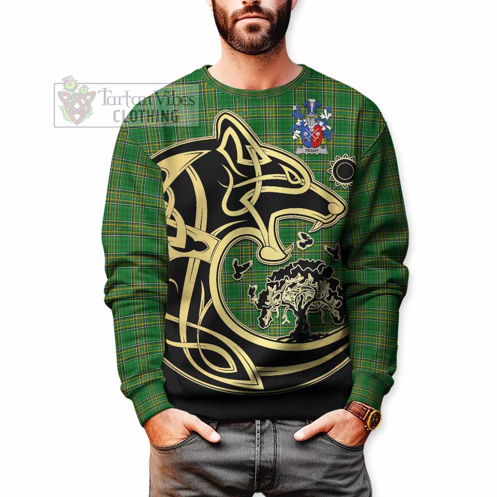 Tartan Vibes Clothing Trant Irish Tartan Sweatshirt with Coat of Arms Celtic Wolf Style