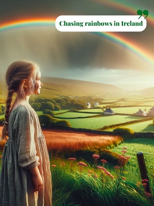 Woman overlooking Irish cliffs and rainbow in Emerald Isle