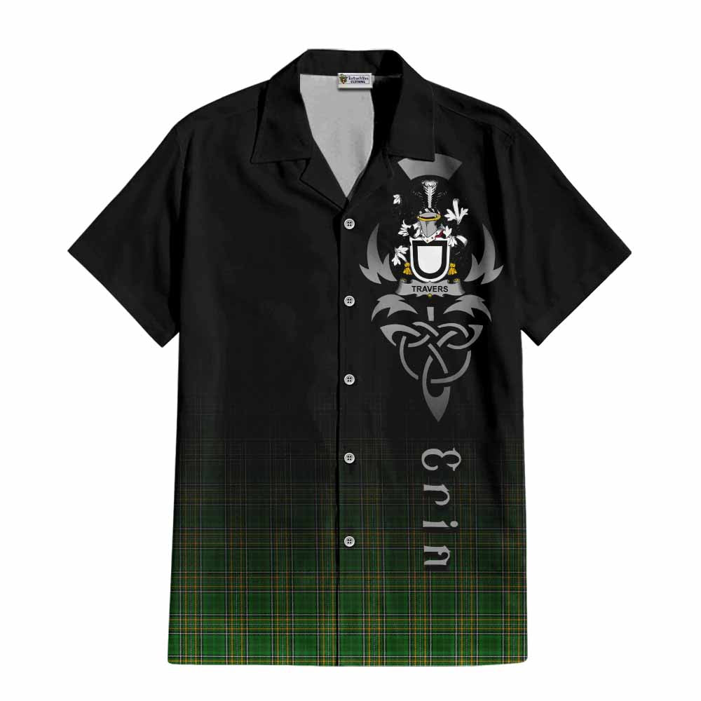 Tartan Vibes Clothing Travers Irish Clan Short Sleeve Button Shirt with Coat of Arms Erin Go Bragh Celtic Inspired