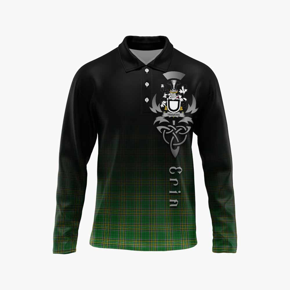 Tartan Vibes Clothing Travers Irish Clan Long Sleeve Polo Shirt with Coat of Arms Erin Go Bragh Celtic Inspired