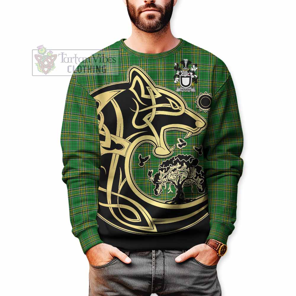 Travers Irish Tartan Sweatshirt with Coat of Arms Celtic Wolf Style - Tartan Vibes Clothing