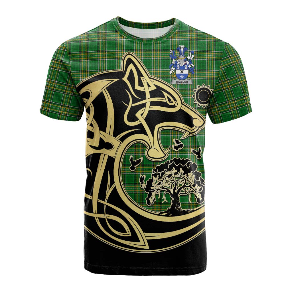 Tartan Vibes Clothing Traynor Irish Tartan Cotton T-shirt with Coat of Arms Celtic Wolf Style