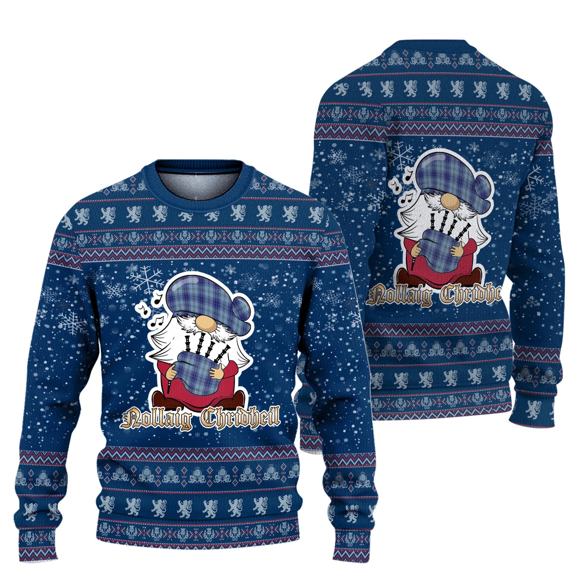 Traynor Clan Christmas Family Knitted Sweater with Funny Gnome Playing Bagpipes Unisex Blue - Tartanvibesclothing