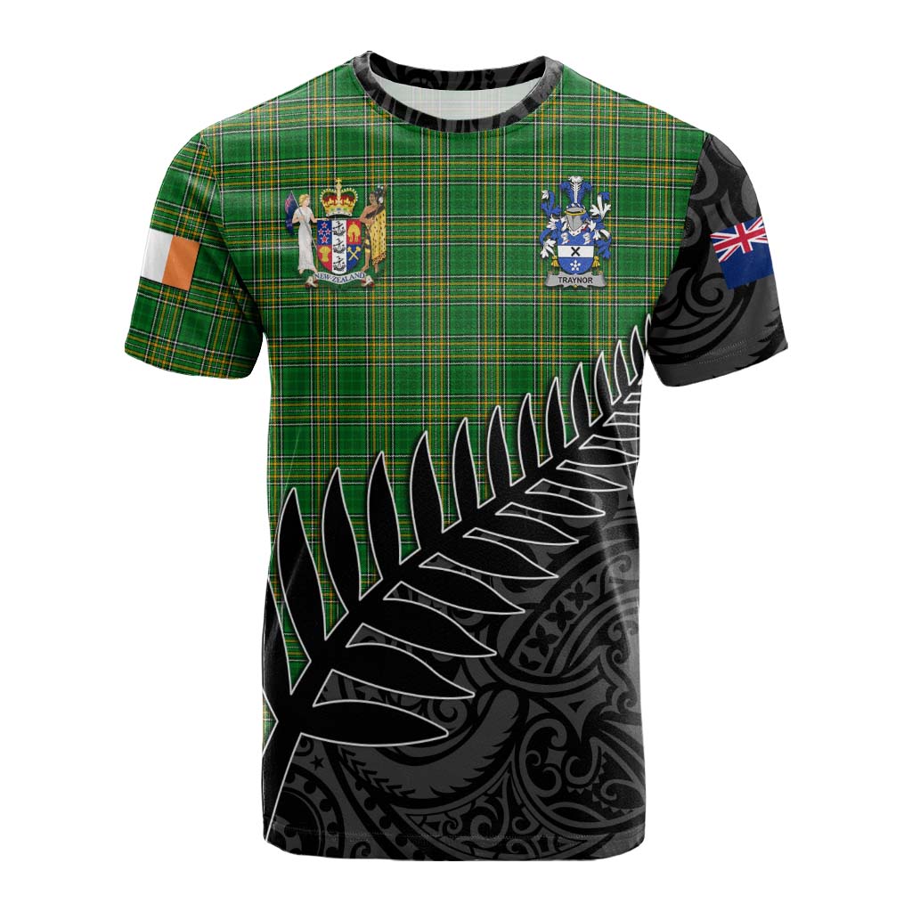 Tartan Vibes Clothing Traynor Irish Clan Tartan Cotton T-shirt with Coat of Arms New Zealand Silver Fern Half Style