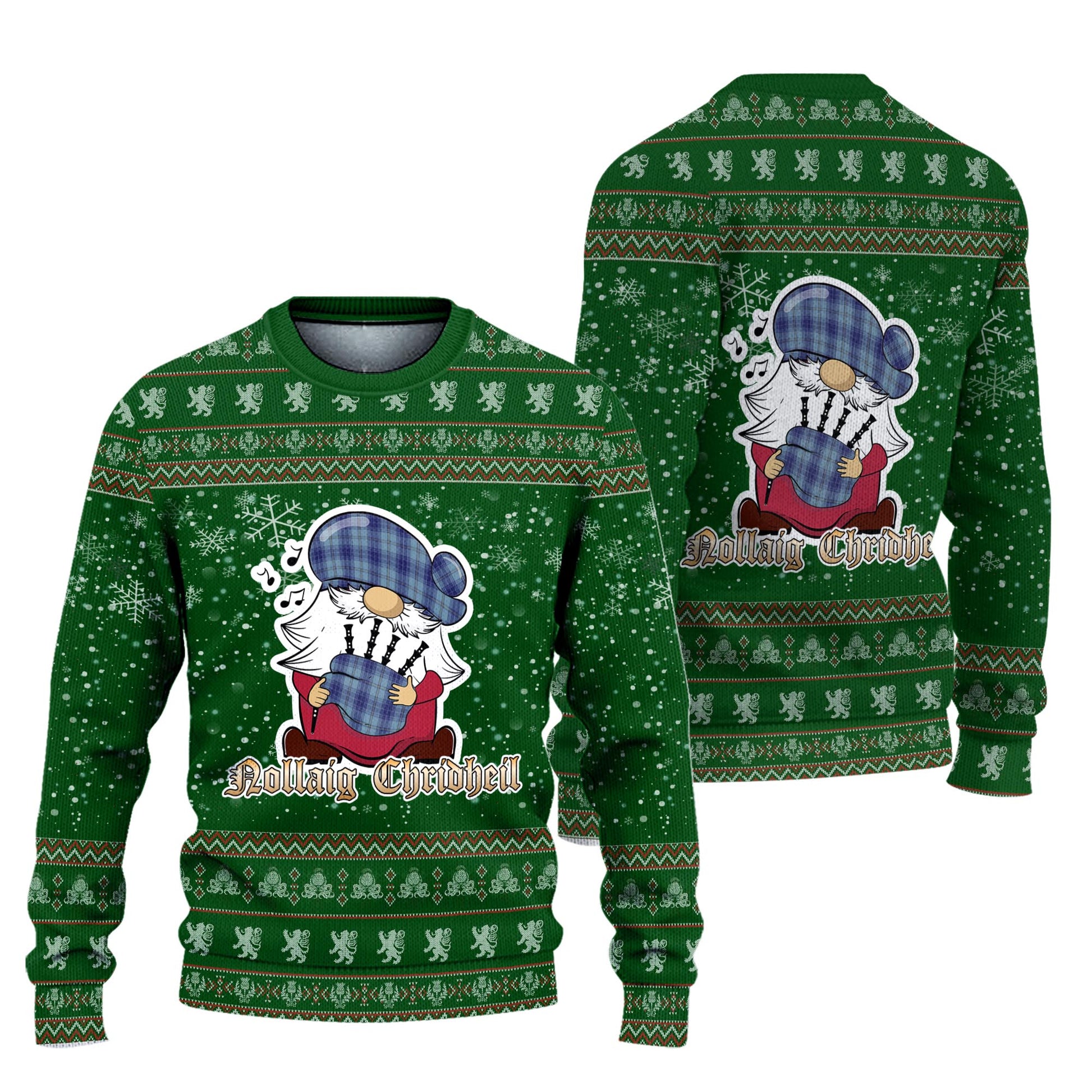 Traynor Clan Christmas Family Knitted Sweater with Funny Gnome Playing Bagpipes Unisex Green - Tartanvibesclothing
