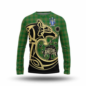 Treacy Irish Tartan Long Sleeve T-Shirt with Coat of Arms Celtic Wolf Style