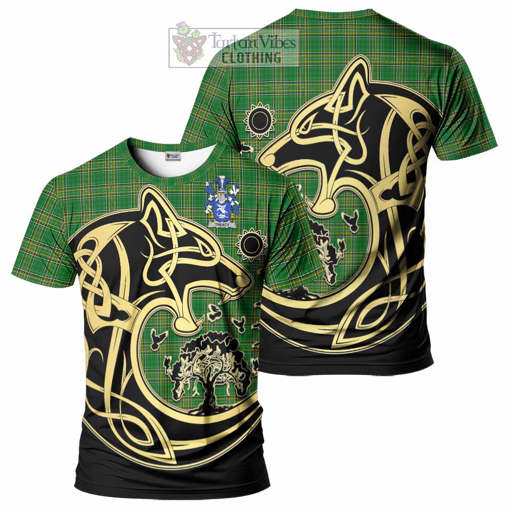 Tartan Vibes Clothing Treacy Irish Tartan T-Shirt with Coat of Arms Celtic Wolf Style