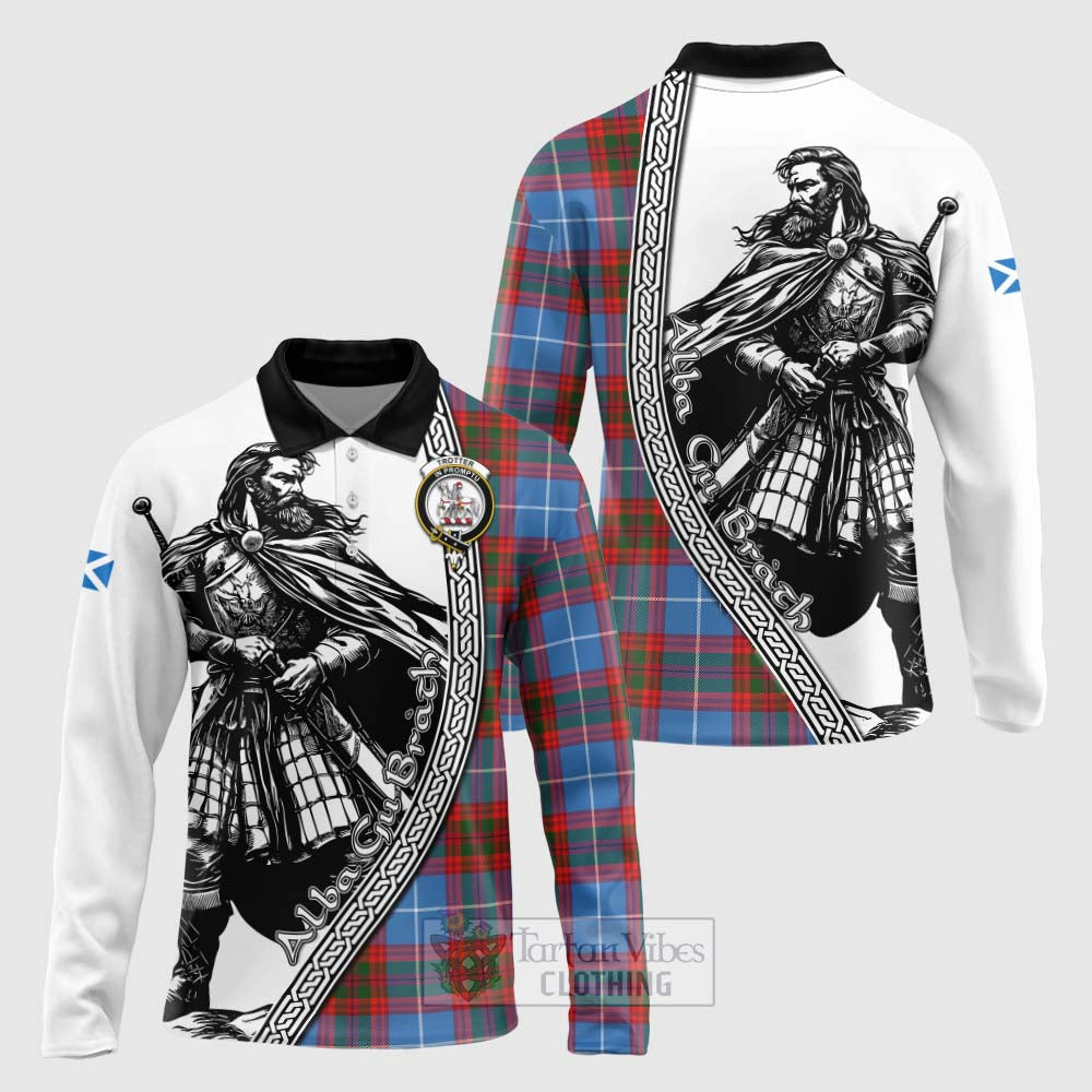 Trotter Tartan Clan Crest Long Sleeve Polo Shirt with Highlander Warrior Celtic Style Unisex - Tartan Vibes Clothing