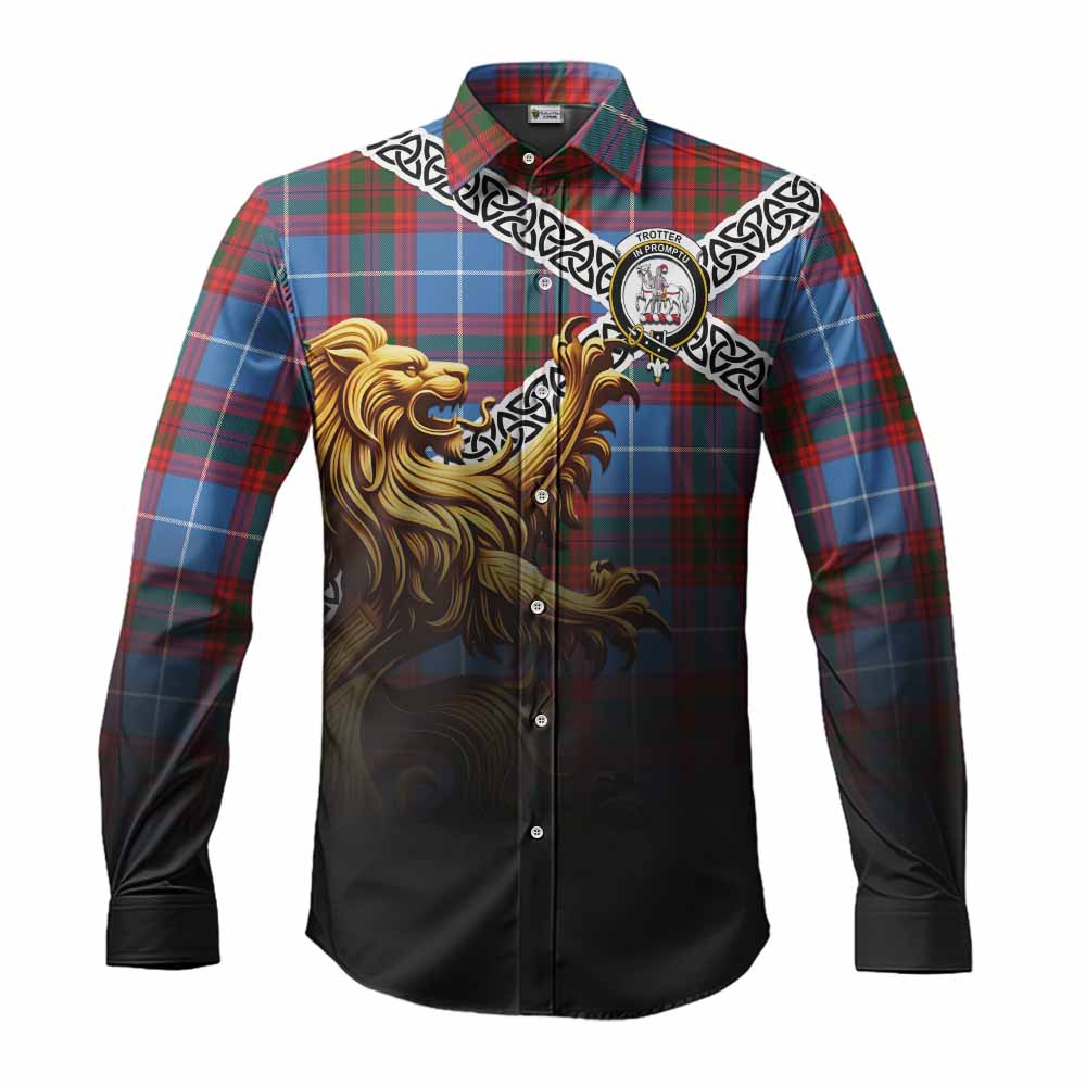 Trotter Crest Tartan Long Sleeve Button Shirt with Golden Lion Emblem Celtic Style Men's Shirt S - Tartan Vibes Clothing