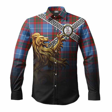 Trotter Crest Tartan Long Sleeve Button Shirt with Golden Lion Emblem Celtic Style Men's Shirt S - Tartan Vibes Clothing