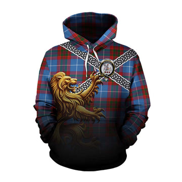 Tartan Vibes Clothing Trotter Crest Tartan Cotton Hoodie with Golden Lion Emblem Celtic Style