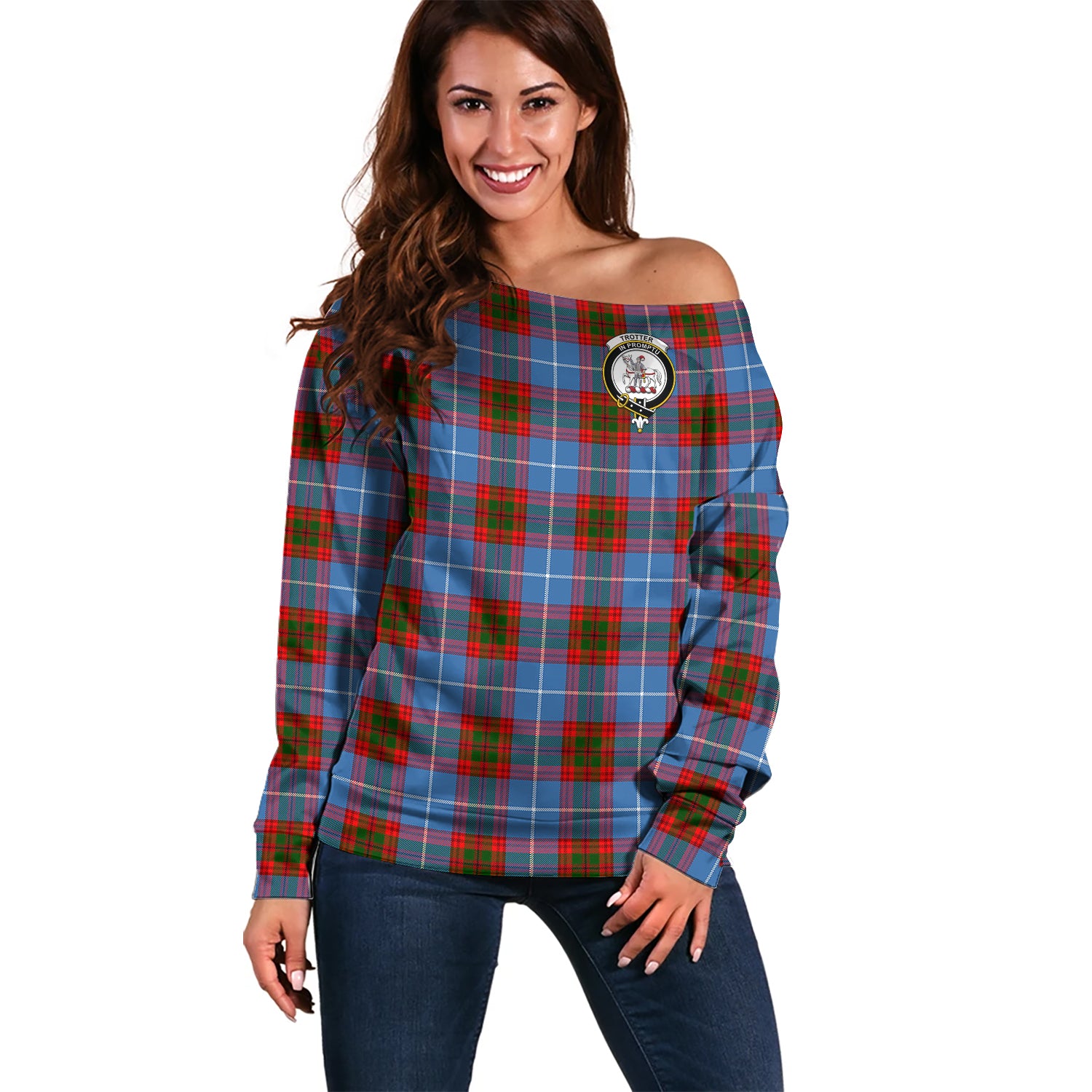 Trotter Tartan Off Shoulder Women Sweater with Family Crest Women - Tartan Vibes Clothing