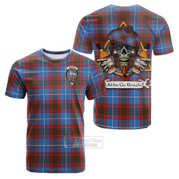 Trotter Tartan Cotton T-shirt with Family Crest and Bearded Skull Holding Bottles of Whiskey Kid's Shirt - Tartan Vibes Clothing