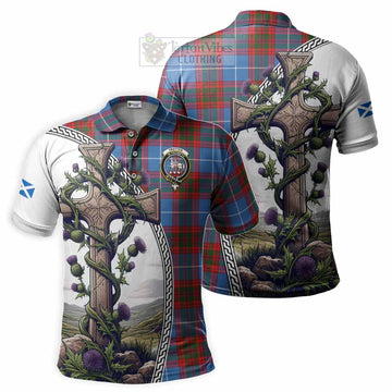 Trotter Tartan Polo Shirt with Family Crest and St. Andrew's Cross Accented by Thistle Vines Kid - Tartan Vibes Clothing