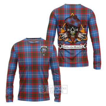 Trotter Tartan Long Sleeve T-Shirt with Family Crest and Bearded Skull Holding Bottles of Whiskey Unisex - Tartan Vibes Clothing