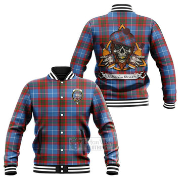 Trotter Tartan Baseball Jacket with Family Crest and Bearded Skull Holding Bottles of Whiskey Unisex - Tartan Vibes Clothing