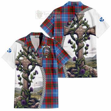 Trotter Tartan Hawaiian Shirt with Family Crest and St. Andrew's Cross Accented by Thistle Vines Kid - Tartan Vibes Clothing