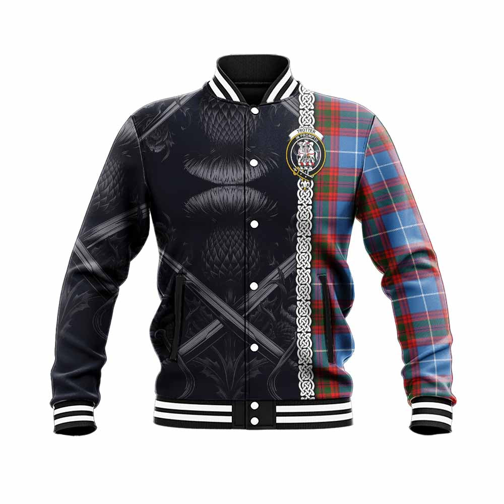 Trotter Tartan Baseball Jacket with Family Crest Cross Sword Thistle Celtic Vibes Unisex - Tartan Vibes Clothing