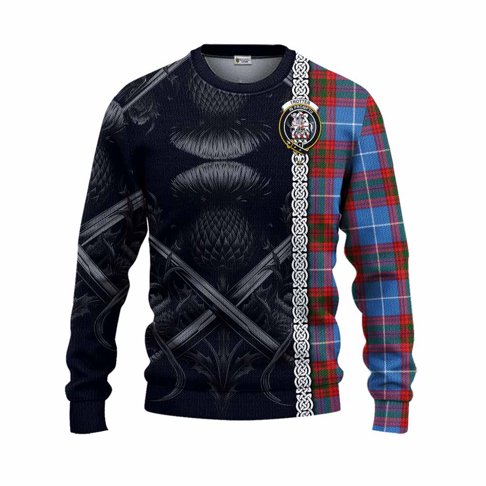 Trotter Tartan Knitted Sweater with Family Crest Cross Sword Thistle Celtic Vibes Unisex - Tartan Vibes Clothing