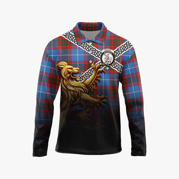 Trotter Crest Tartan Long Sleeve Polo Shirt with Golden Lion Emblem Celtic Style Unisex - Tartan Vibes Clothing