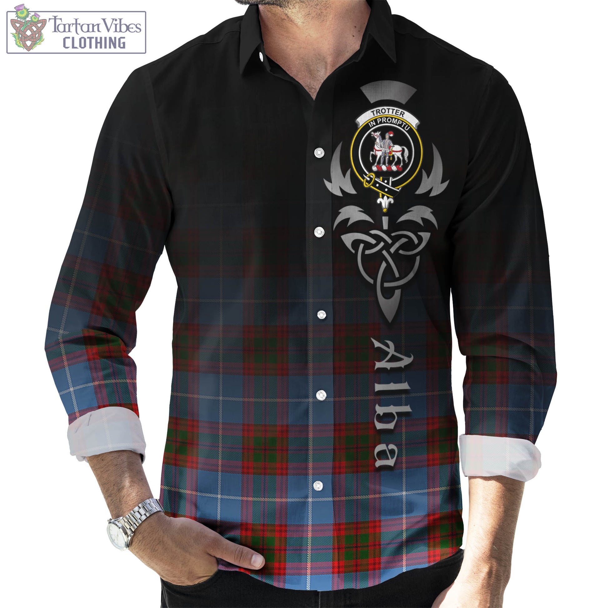 Trotter Tartan Long Sleeve Button Up Featuring Alba Gu Brath Family Crest Celtic Inspired Men's Shirt - Tartan Vibes Clothing