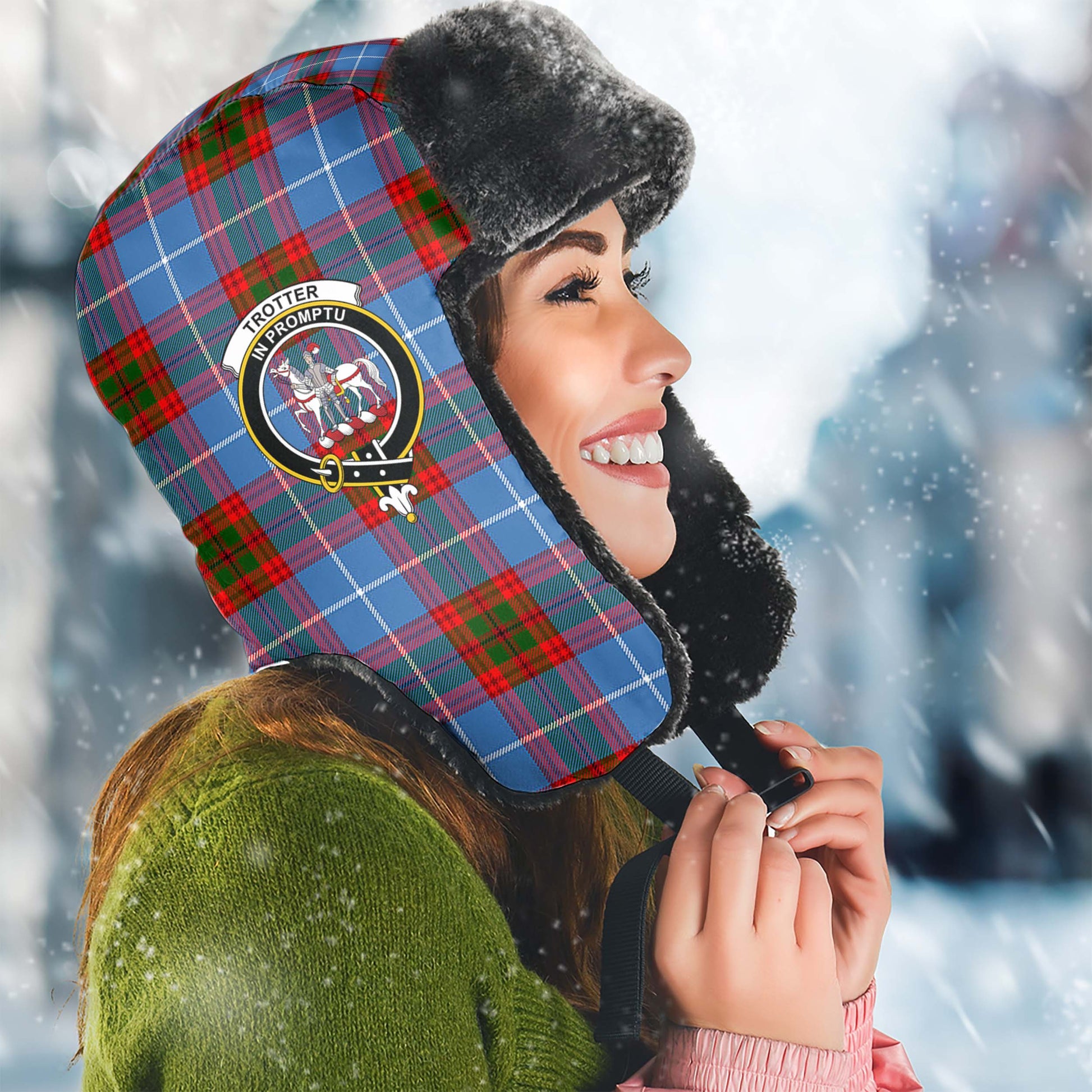 Trotter Tartan Winter Trapper Hat with Family Crest Winter Trapper Hat Universal Fit Circumference 22.8in (58cm) - Tartan Vibes Clothing