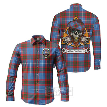 Trotter Tartan Long Sleeve Button Shirt with Family Crest and Bearded Skull Holding Bottles of Whiskey Men's Shirt S - Tartan Vibes Clothing